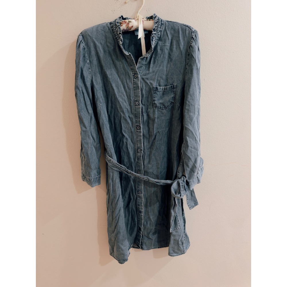 CeCe Women Chambray Shirt Dress Blue Lyocell Ruffle Collar Belted 10 NEW